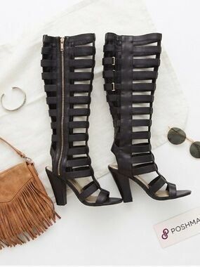 Michael Antonio Black Strappy Knee-High Gladiator Heeled Boots